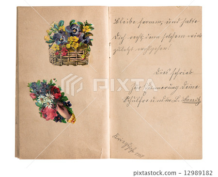 vintage scrapbook album with handwriting and pictures vintage scrapbook album with handwriting and pictures 12989182