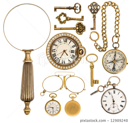 collection of golden vintage accessories, jewelry and objects 12989248
