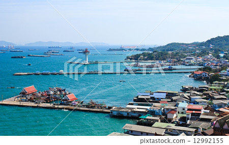 Aerial view of fisherman pier in with village and town at Sricha Aerial view of fisherman pier in with village and town at Sricha 12992155