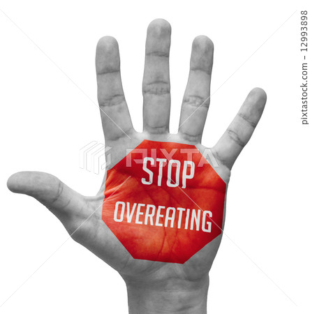 Stop Overeating Sign Painted, Open Hand Raised. 12993898