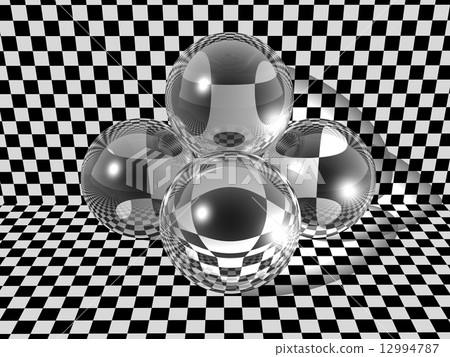 Four glass balls on checkerboard background 12994787