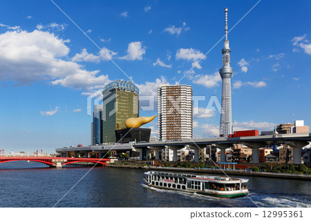 Pilgrimage boat of Sumida river spreading blue sky · Odori and Tokyo sky tree 12995361