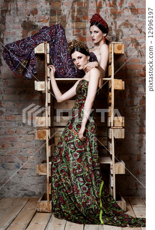 Fashion shot of a two twin sisters in dresses 12996197