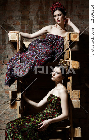 Fashion shot of a two twin sisters in dresses 12996214