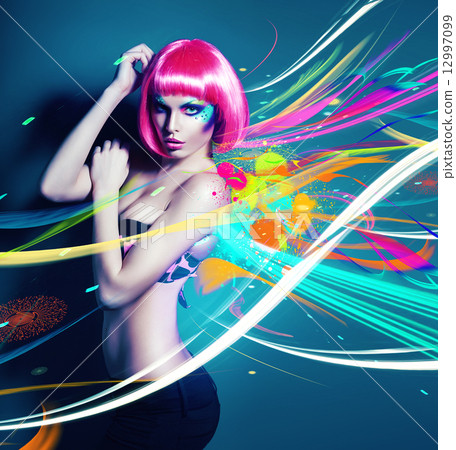 glamour woman in pink wig with abstract glamour woman in pink wig with abstract 12997099
