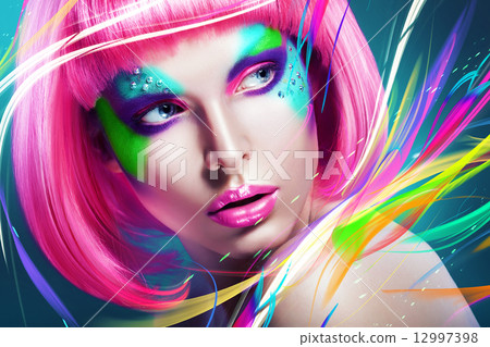 woman with multi lines and pink wig 12997398
