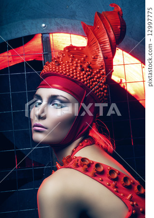 portrait of hot woman in red dress and hat 12997775