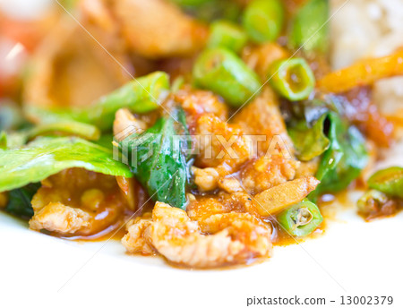 Spicy stir-fried pork with red curry paste. 13002379