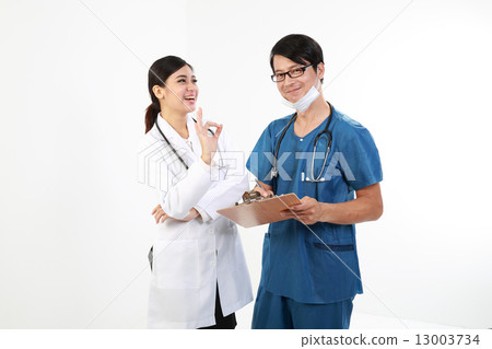 Male and female doctor in uniform happy look forward 13003734