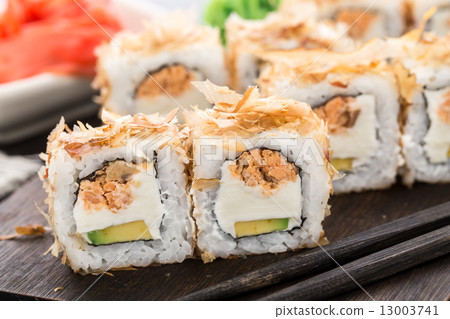 Sushi rolls with salmon teriyaki Sushi rolls with salmon teriyaki 13003741