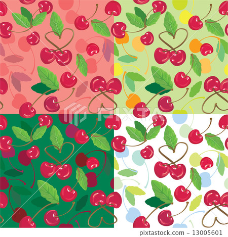 Red cherries with green leaves on green, pink, white backgrounds Red cherries with green leaves on green, pink, white backgrounds 13005601