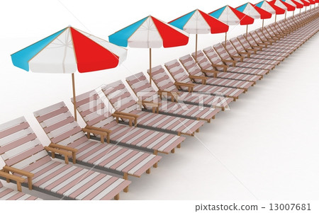 row from many deck-chairs with parasols on a white background 13007681