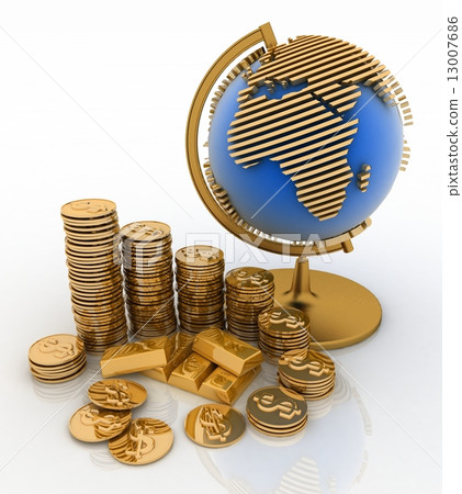 Gold globe with many gold coins and bullions Gold globe with many gold coins and bullions 13007686