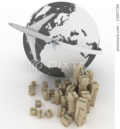 airliner with globe with boxes on white. 3d global business commerce concept airliner with globe with boxes on white. 3d global business commerce concept 13007788