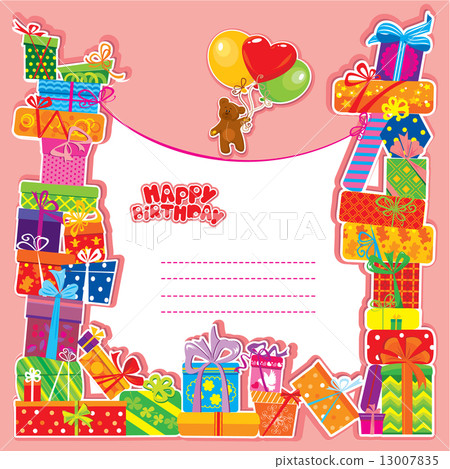 baby birthday card with teddy bear and gift boxes 13007835
