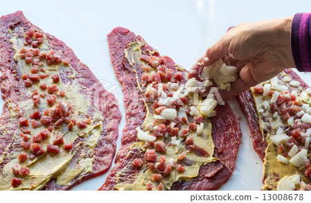 Beef roulades are prepared and cooked 13008678