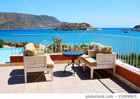 Sea view terrace at luxury hotel with a view on Spinalonga Islan Sea view terrace at luxury hotel with a view on Spinalonga Islan 13009063
