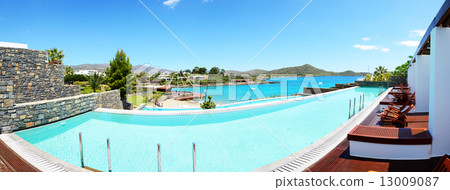 Panorama of swimming pool at luxury hotel, Crete, Greece 13009087