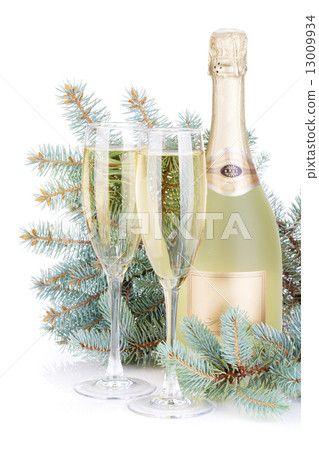 Champagne glasses, bottle and fir tree 13009934