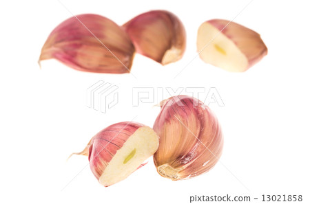 Side view of cloves of garlic and section over white, focus on front 13021858