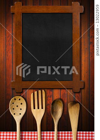 Wooden Blackboard and Kitchen Utensils Wooden Blackboard and Kitchen Utensils 13022959