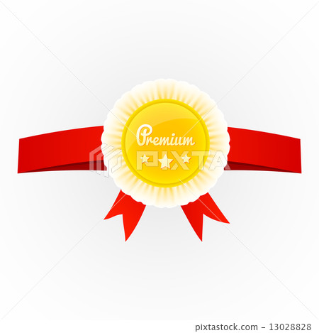 Vector metal premium round badge on red ribbon isolated on background 13028828