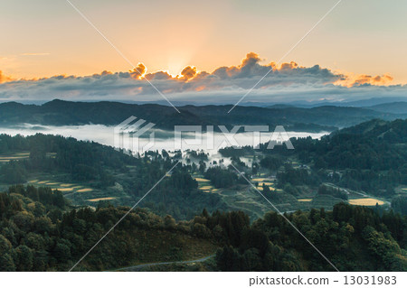 Yamakoshi村莊霧和米大陽台的黎明 13031983