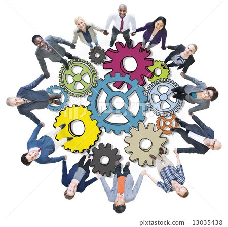 Group of People Holding Hands with Gear Symbol in Photo and Illu Group of People Holding Hands with Gear Symbol in Photo and Illu 13035438
