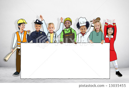 Group of Children in Dreams Job Uniform Holding Banner with Copy 13035455