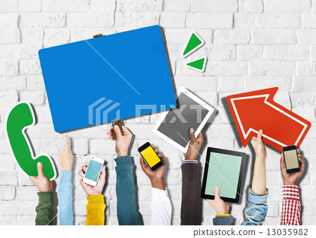 Diverse Hands Holding Communication Symbols 13035982