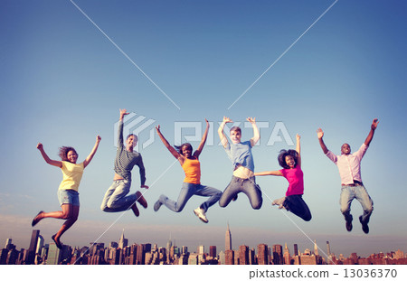 Cheerful People Jumping Friendship Happiness City Concept 13036370