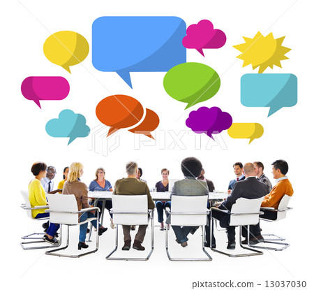 Multiethnic Group in a Meeting with Speech Bubbles Multiethnic Group in a Meeting with Speech Bubbles 13037030