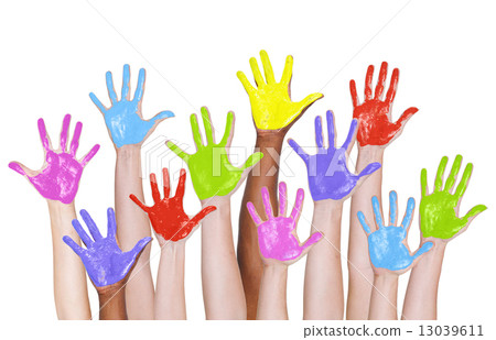 Multi-Ethnic Arms Raised and Colorful Painted Hands Multi-Ethnic Arms Raised and Colorful Painted Hands 13039611