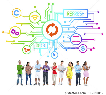 Group of Modern Casual People Holding Digital Tablets with Digit Group of Modern Casual People Holding Digital Tablets with Digit 13040042
