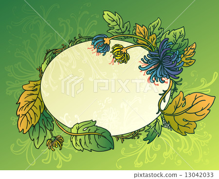 Oval green background with flowers and leaves of chrysanthemum Oval green background with flowers and leaves of chrysanthemum 13042033