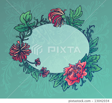 Oval blue background with flowers and leaves of chrysanthemum 13042034