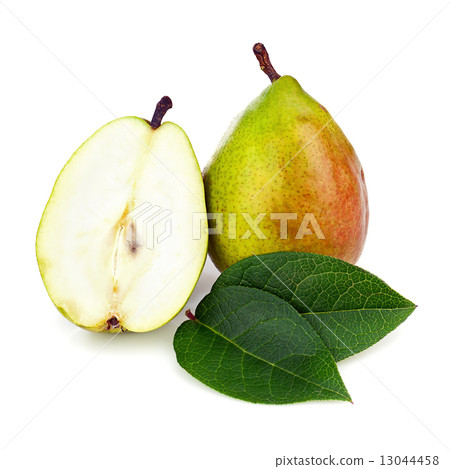 Pear and Half with Green Leaves Isolated on White Background. 13044458