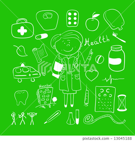 Health icons, doodle ilustration, woman doctor 13045188