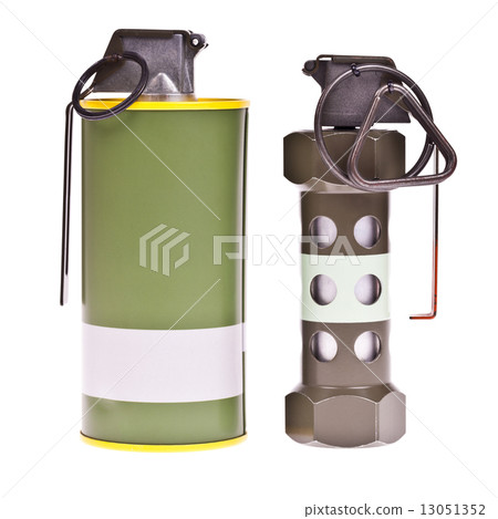 Flashbang and yellow smoke grenade isolated on white background 13051352
