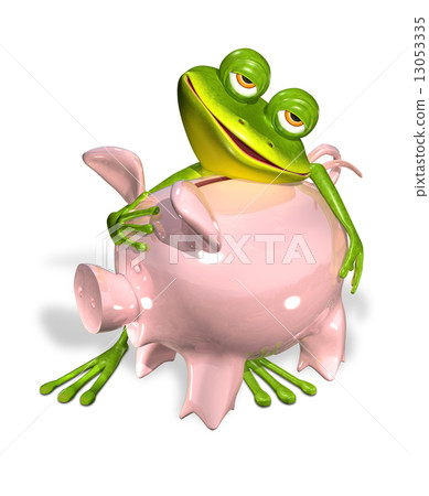 green frog with piggy bank 13053335