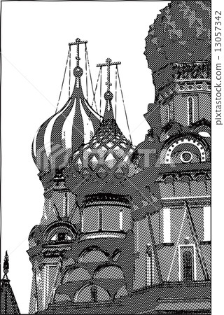 Domes of the Pokrovsky Cathedral, Moscow, Russia. 13057342