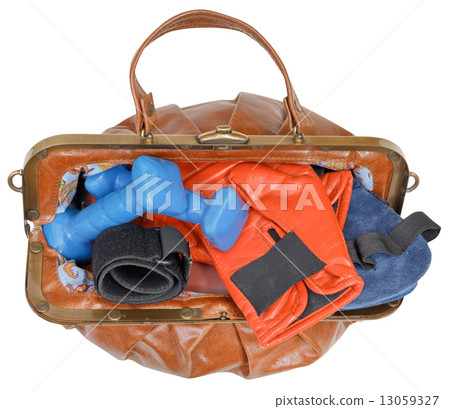top view of bag with boxing gloves and dumbbells 13059327