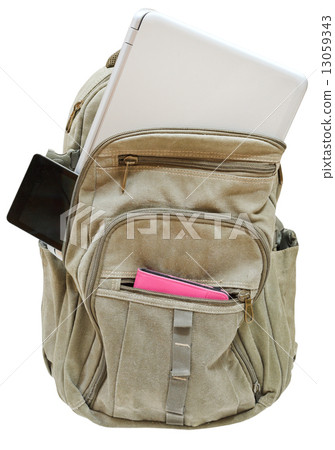 travel back pack with mobile devices isolated 13059343