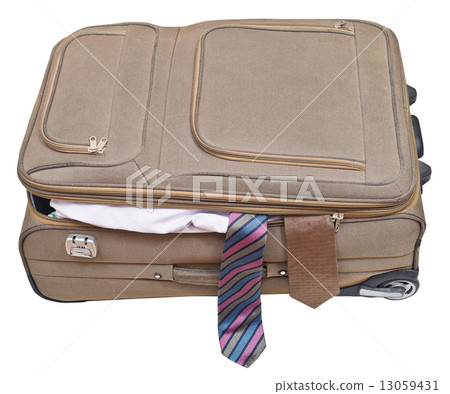 textile suitcase with two fell out ties isolated textile suitcase with two fell out ties isolated 13059431