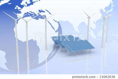 Windmill and Solar Panels on world map background. Alternative Energy Concept. 13062636