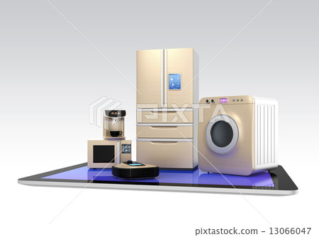 智能家電和平板電腦。智能手機和家電的合作概念 13066047