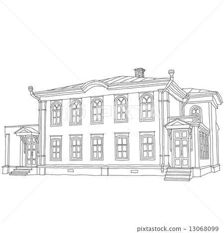 House sketch two-storey wooden house Ulyanov Lenin. Vector illus 13068099