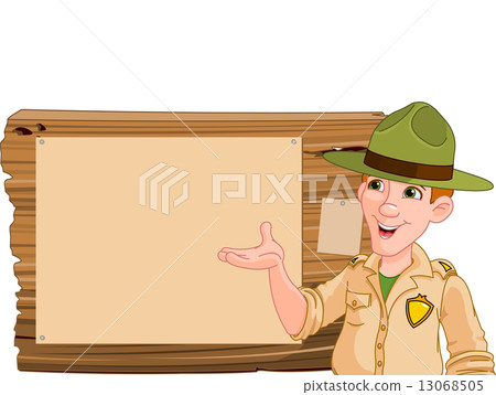 Ranger pointing at a wooden sign 13068505