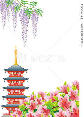 Fuji and azalea's flowers and five-storied pagoda 13069003