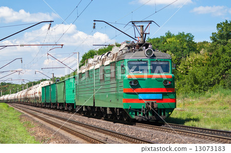 Electric locomotive pushing a cargo train Electric locomotive pushing a cargo train 13073183